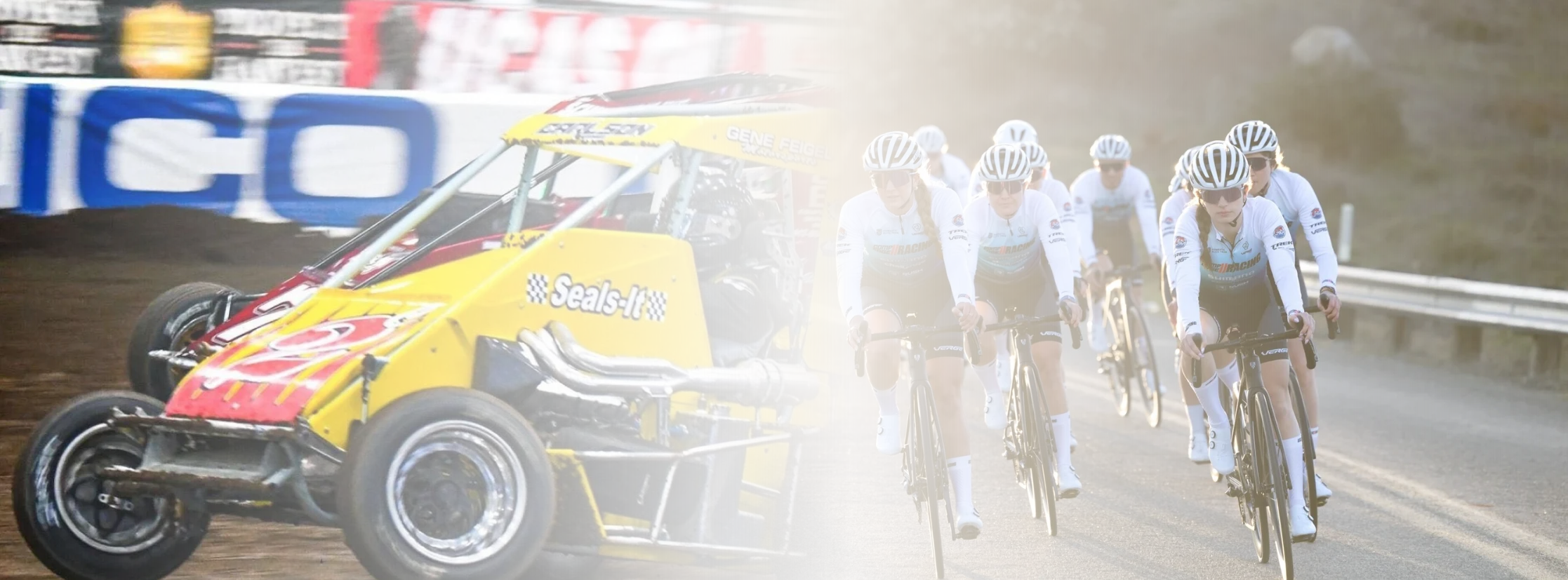 A yellow race car speeds on a dirt track on the left, while a group of cyclists in white gear rides closely on a road on the right, showing contrast in motorsport and cycling.