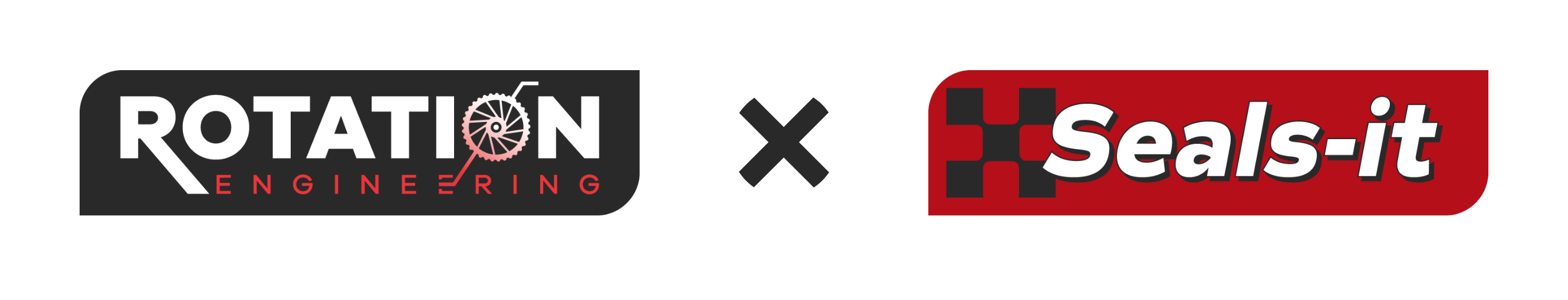 Logos of "Rotation Engineering" and "Seals-it" on a black background, separated by an "x." Rotation has a wheel graphic; Seals-it is on a red rectangle.